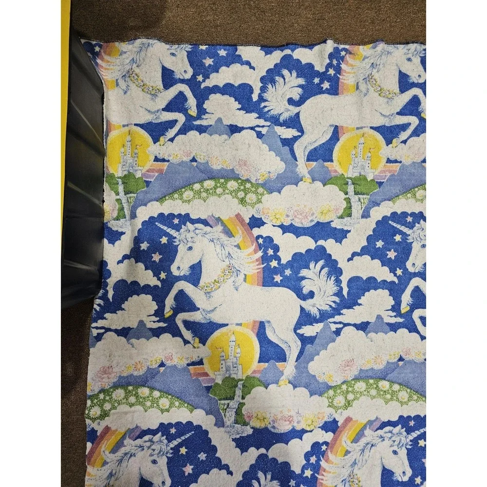Vintage Unicorn Blanket‎ Fabric 84x74 Blue Rainbow Castle Fantasy Retro